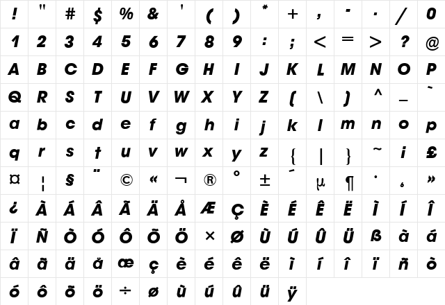 Avant Garde BQ Roman Italic  glyph index