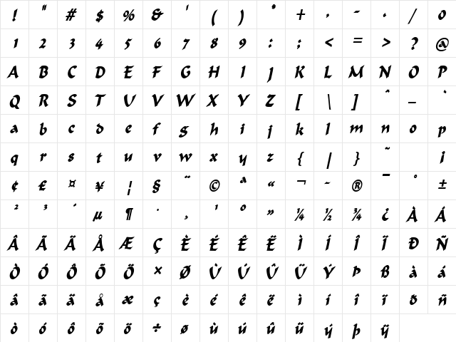 Flat Brush Condensed BoldItalic  glyph index