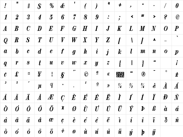 RubyScriptNarrowXbold Regular  glyph index