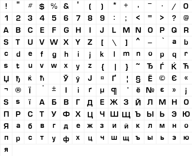EuropeDemi Normal  glyph index