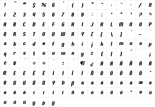 SF Willamette Extended Italic  glyph index