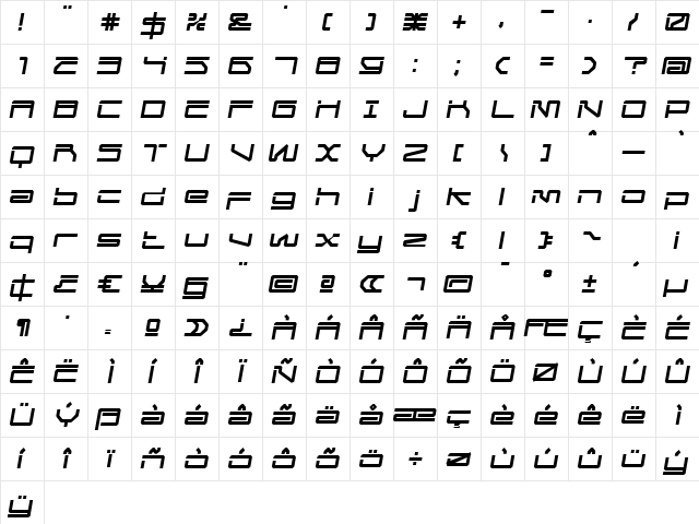 MechwarRegular Oblique Regular  glyph index