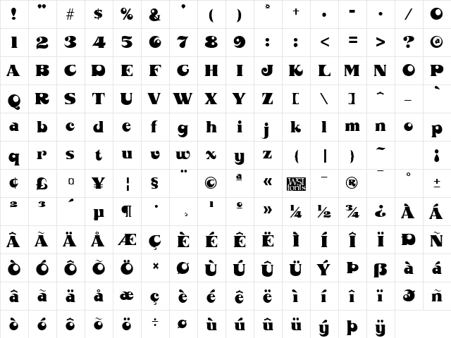 Mahoney Regular  glyph index