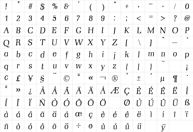 Mezzo Italic  glyph index