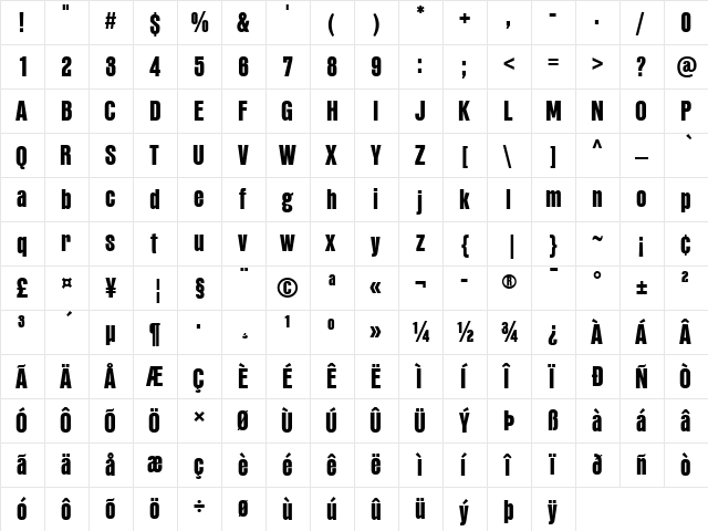 PF Fusion Sans Pro Heavy  glyph index