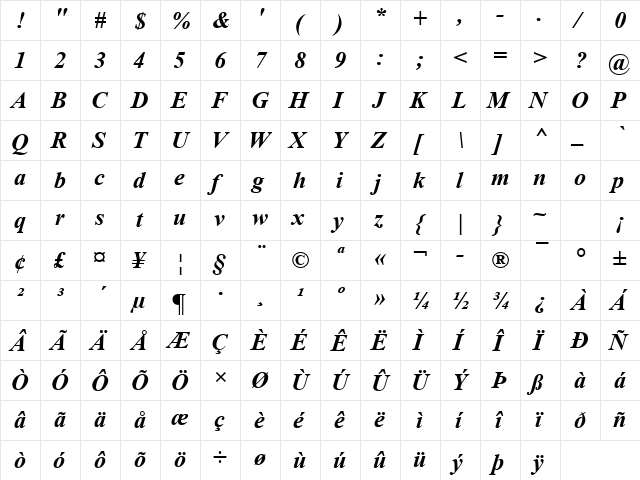 Times New Roman Bold Italic  glyph index