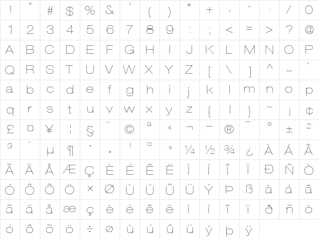 Helvetica23-ExtendedUltraLight Ultra Light  glyph index