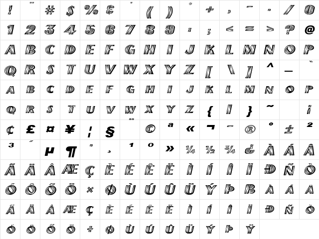 PlankExtended Italic  glyph index