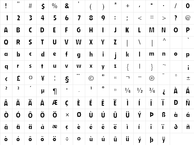 EmphasisCondSSK Regular  glyph index