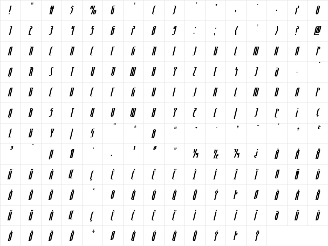 Hydronaut Condensed Italic Regular  glyph index