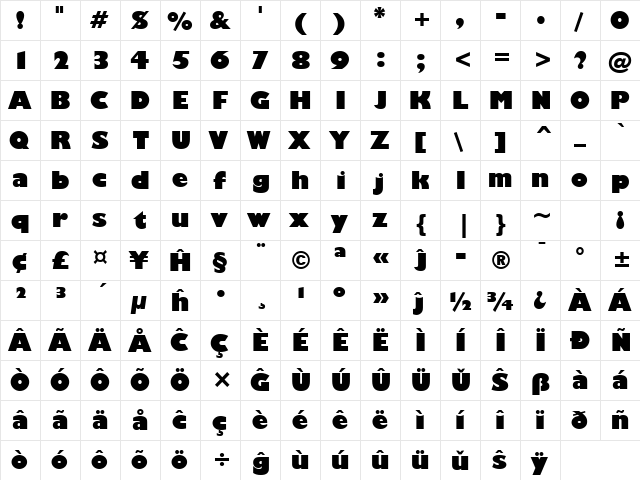 Humanst521 UBd BT Eo Ultra Bold  glyph index