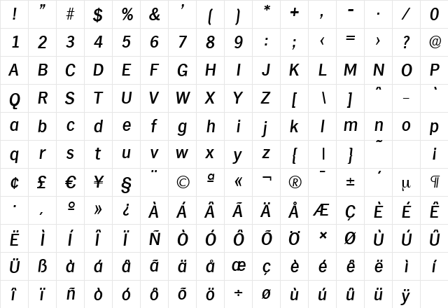 HamburgSerial-Medium Italic  glyph index