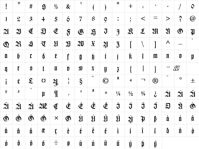 Tudor SSi Bold  glyph index