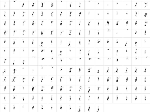 Elegant Sans Bold Italic  glyph index