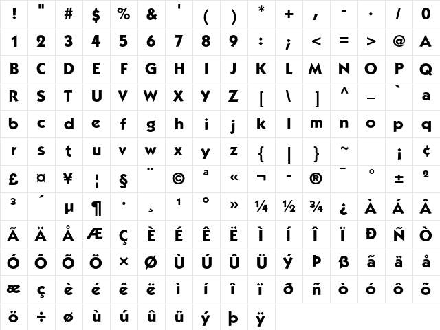 ITC Kabel Std Bold  glyph index