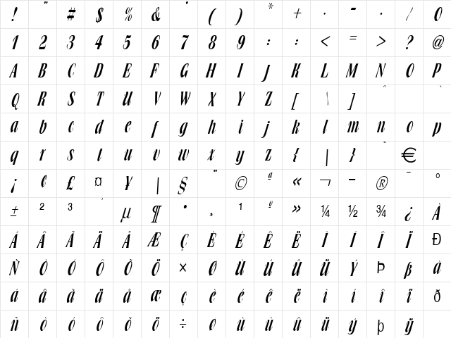 BroachThin Italic  glyph index