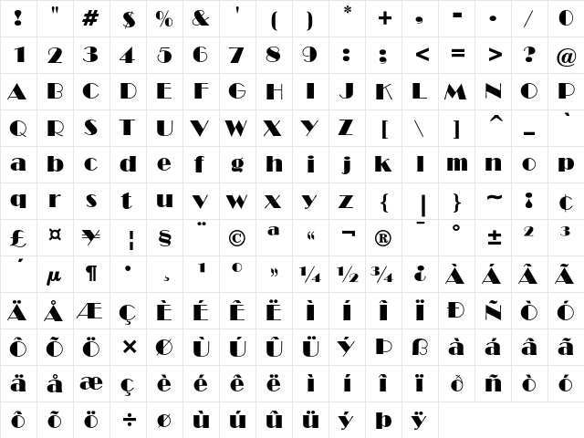 Broadway Regular  glyph index