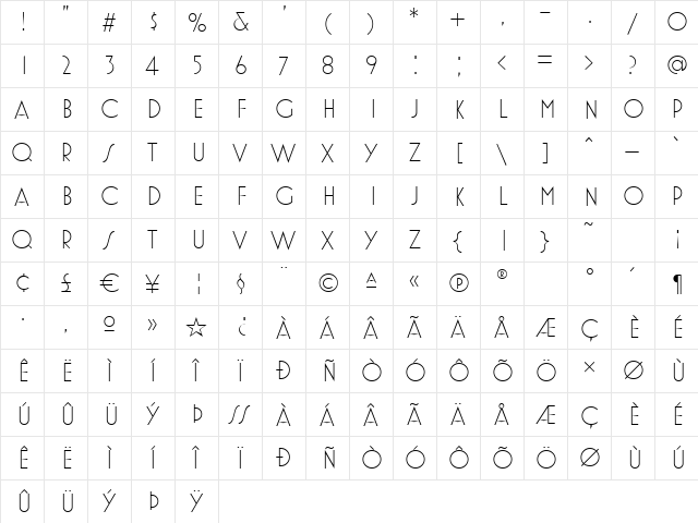 MostraTwoLight Regular  glyph index