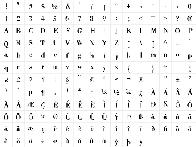 Mister Wick Regular  glyph index