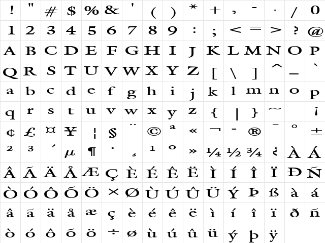 Galant Extended Bold  glyph index