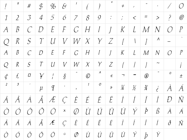 Trajans-Caps-Condensed Italic  glyph index