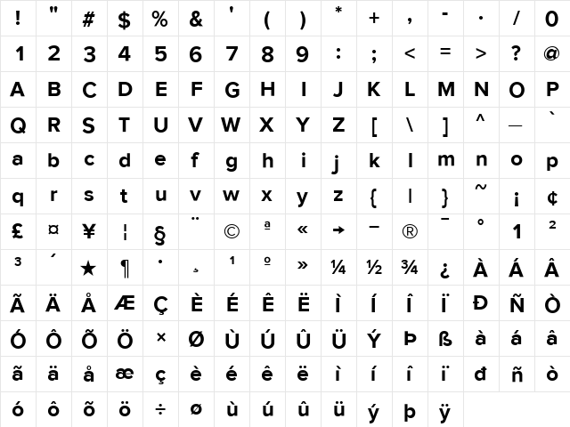 ProximaSansMedium Regular  glyph index