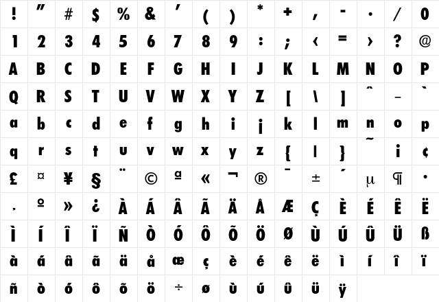 Limerick-ExtraBoldCond Regular  glyph index