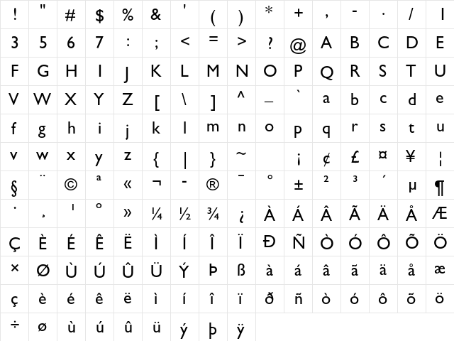 Gill Sans Std Regular  glyph index