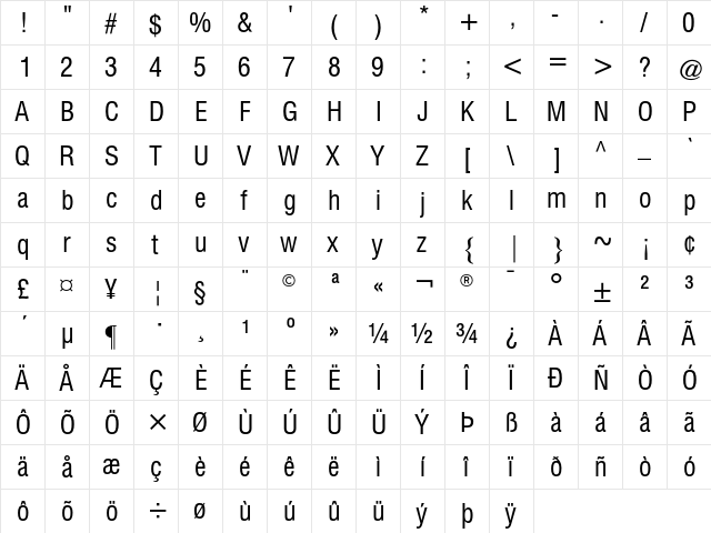 ATTriumvirateCondensed Regular  glyph index