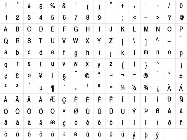 Alps Thin Bold  glyph index