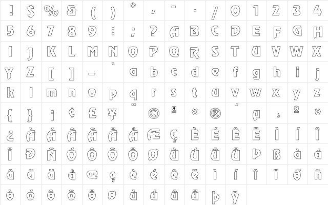 Revue Hollow Regular  glyph index