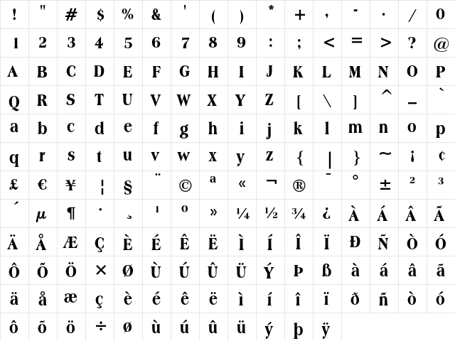 Americana Extra Bold Condensed  glyph index