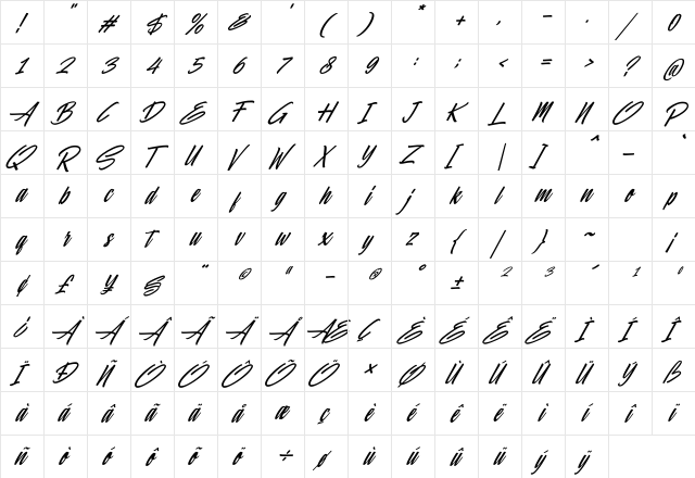 Hiluck Italic  glyph index