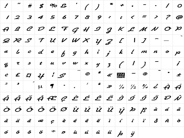 GallanteWide Regular  glyph index