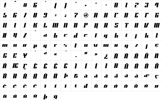 SpaceCadet Regular  glyph index