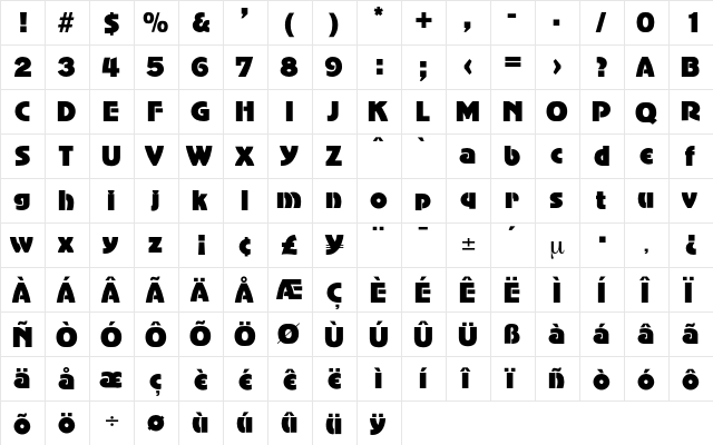 Lambada Regular  glyph index