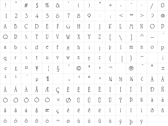 LTRowena Light Regular  glyph index
