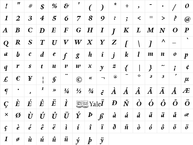 YaleAdmin Bold Italic  glyph index