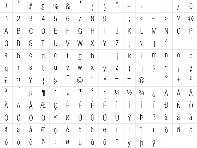 Helvetica-CondensedLight Light  glyph index