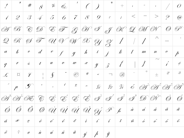 EdwardianScriptEF Regular  glyph index