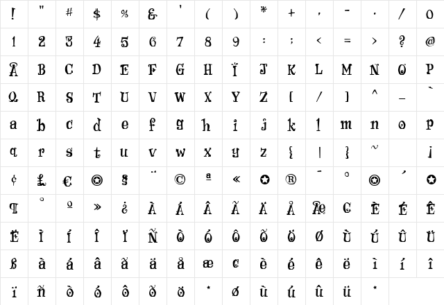 Zsazsa Regular  glyph index