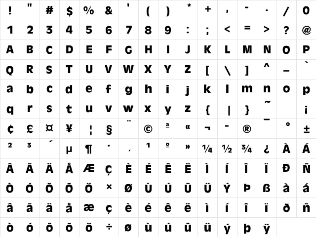 LHF American Sans Regular  glyph index