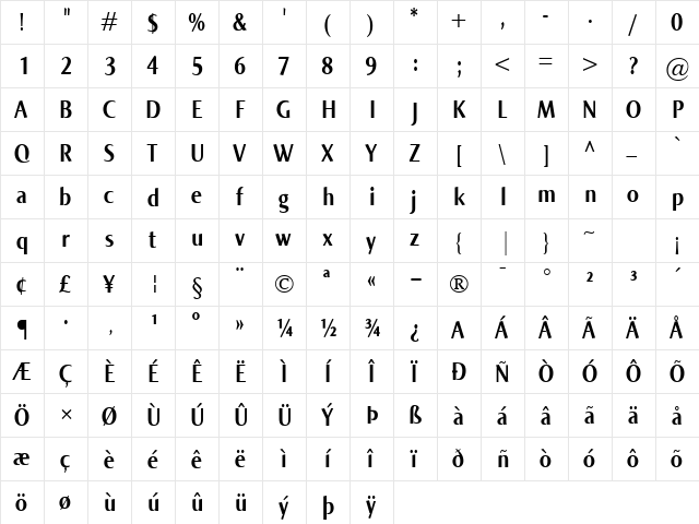 Norma Cond Bold  glyph index