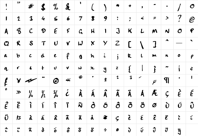 Handwriting Regular  glyph index