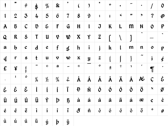 Kingthings Petrock Regular  glyph index
