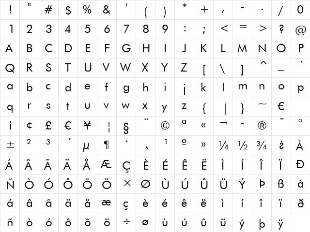 Futura Bk BT Book  glyph index