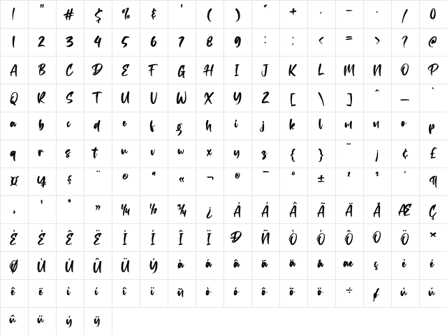 Angeater Regular  glyph index