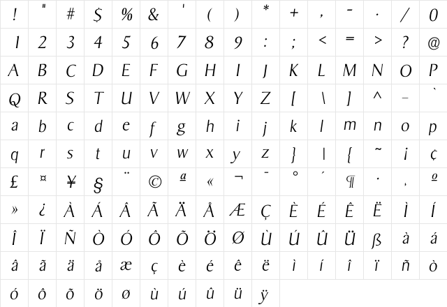 Isigvar Xlight  glyph index