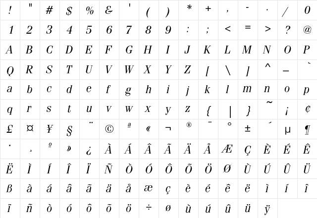 FeniceEF-RegularItalic Regular  glyph index