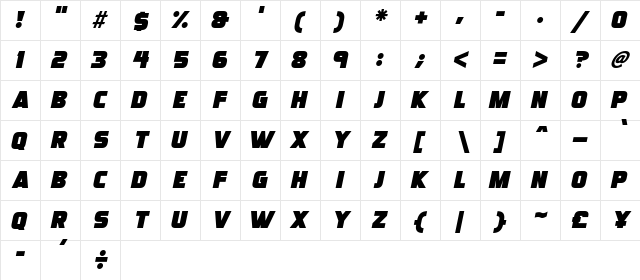 Ultraquick Italic  glyph index